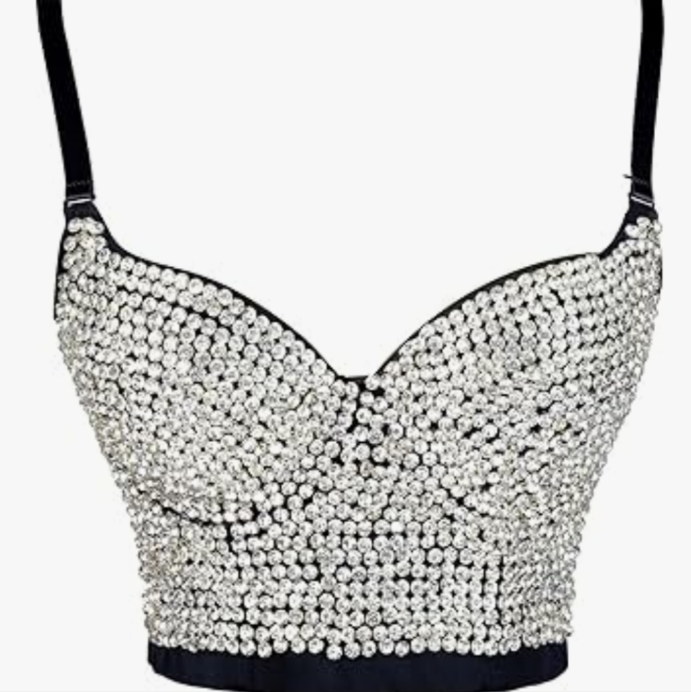 Women's Rhinestone Diamond Embellished Push Up Bustier Bralette Crop Top - Black